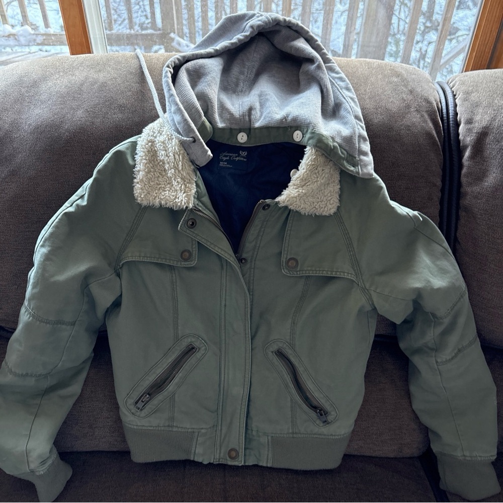 American Eagle Jacket Womens Med Green Military Utility Lined Hood Grunge Y2K